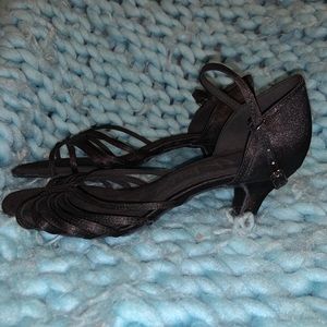 Strappy Black Satin Kitten Heels